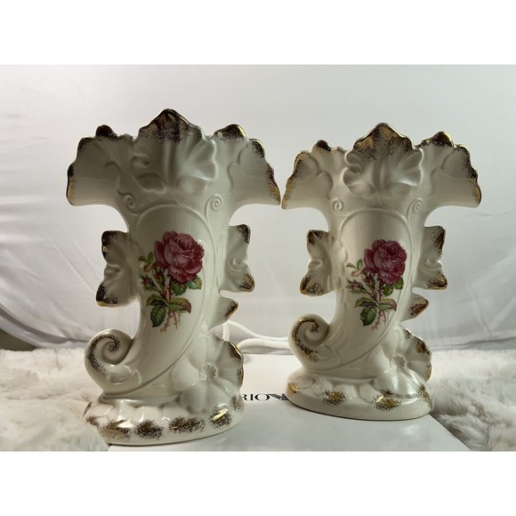 Sets Of VTG Crown‎ Potteries Co USA Horn Of Plenty Rose Vase Gold Trim Rare! - Picture 1 of 9